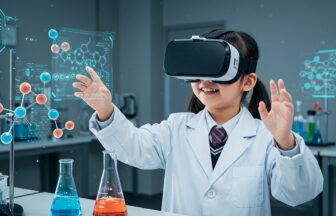 VRをした日本人の女の子がバーチャル実験室で理科の実験を楽しそうにしている