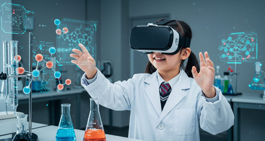 VRをした日本人の女の子がバーチャル実験室で理科の実験を楽しそうにしている