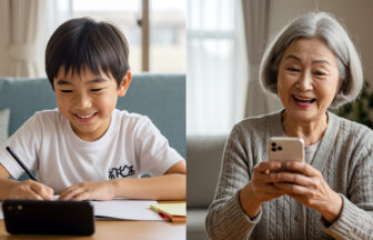 離れて暮らす孫とスマートフォンを使って一緒に楽しく学習を進めている孫とおばあちゃん