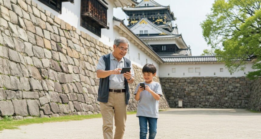 日本人の孫とおじいちゃんが日本のお城を散策しながらスマートフォンでお城の情報を楽しそうに見ている