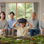 リビングでVRを使って大自然のバーチャル空間を楽しんでいる男の子と笑顔で見守る家族たち