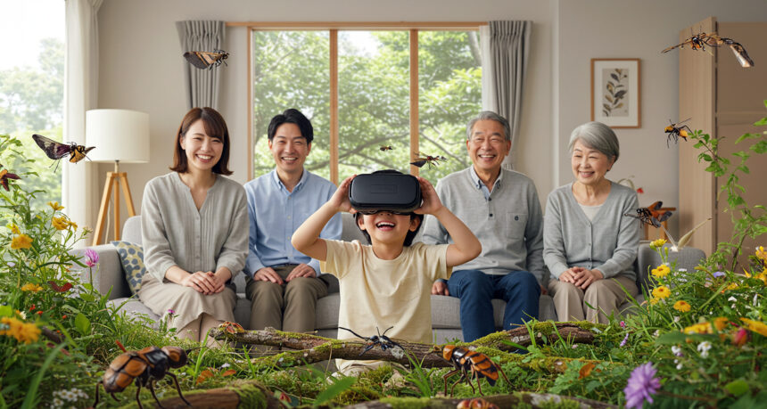 リビングでVRを使って大自然のバーチャル空間を楽しんでいる男の子と笑顔で見守る家族たち