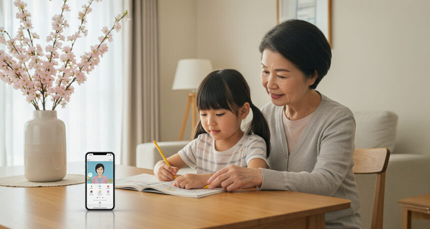 小学生の孫の宿題を見てあげるおばあちゃん