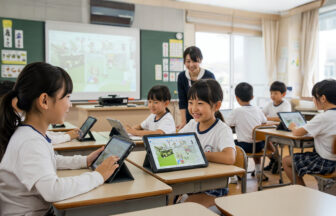 プロジェクターやタブレットを活用した日本の小学校の授業風景