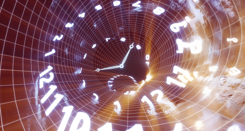 数字が奥行きある渦になって並ぶタイムトンネルイメージ